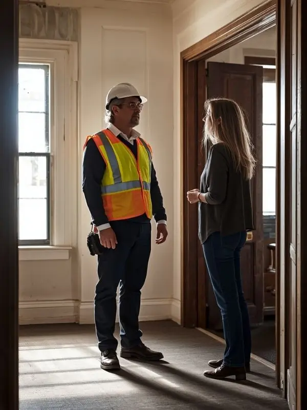 Property inspector speaking with a client about a building inspection