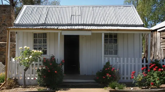 Old Australian shanty home with flowering bushes in front of white picket veranda fence on front porch.