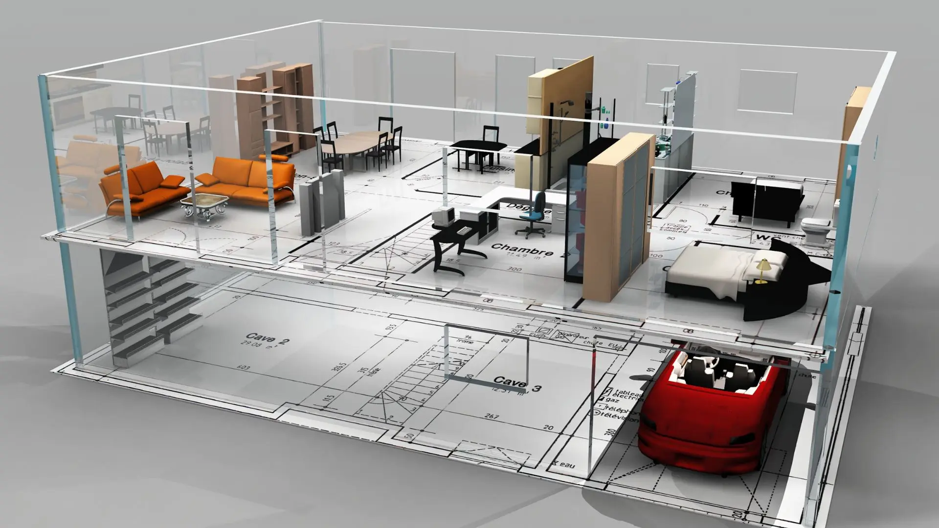 3D cutaway floor plan of a two-storey home showing the internal room layout, furniture and garage.
